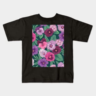 Colorful pansies on dark greenish blue Kids T-Shirt